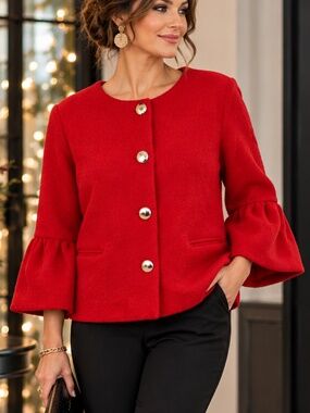 NWOT Jessica London Womens Coat 22W Red Wool Blend Statement Holiday Bell Sleeve